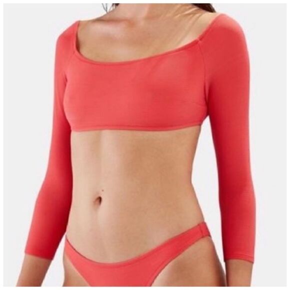 Solid & Striped Elise Coral Long Sleeve Crop Swim Top Sz L - Picture 2 of 7